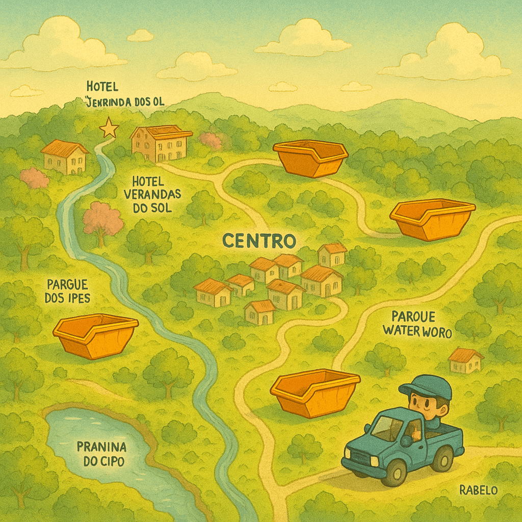 Interface da plataforma CaçambaMAP com mapa e recibos automatizados