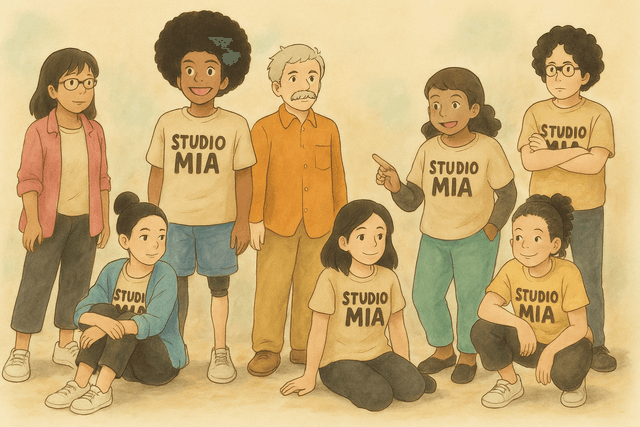 Desenho em aquarela de sete pessoas usando camiseta Studio MIA